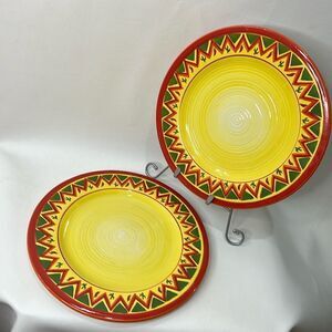 Oneida Kitchen LaFiesta Dinner Plates 11 In Round Set 2 Yellow Red Cactus Pepper